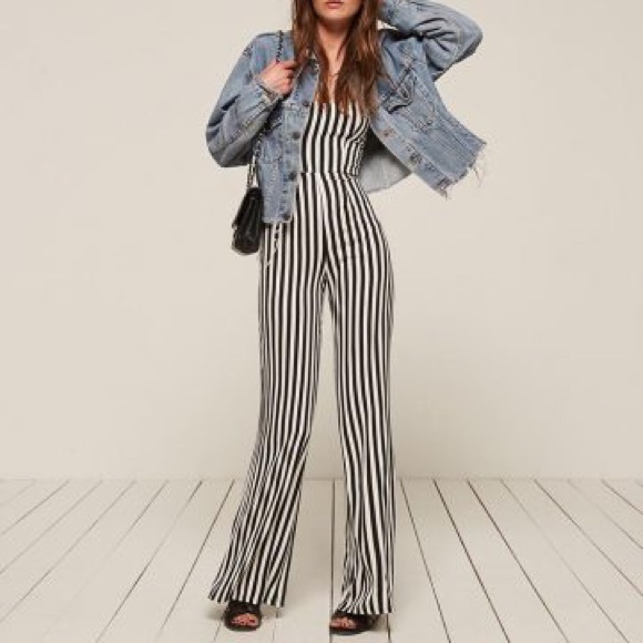reformation striped jumpsuit